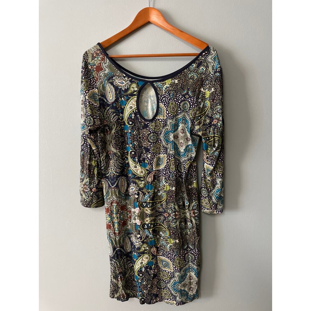 Salaam USA Paisley Tunic Dress Boho Keyhole 3/4 Sleeve Stretch L
